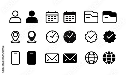 Minimal Contact Info Icon Set. Web Interface symbols for User, Avatar, Home, Location, Phone, Email, Website and Mobile. Vector illustration Line and Solid Style