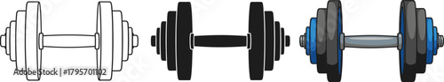Set of three variations of a dumbbell illustration, including outline, solid black silhouette, and color versions for fitness and exercise concepts.