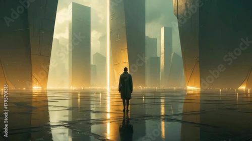 Lone human figure standing in vast futuristic hall with tall illuminated pillars and reflective floor