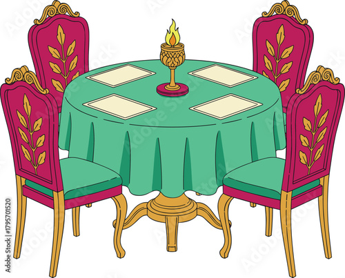 Vintage dining table illustration, ornate chairs with red and gold accents, green tablecloth, formal meal setup, elegant furniture vector design