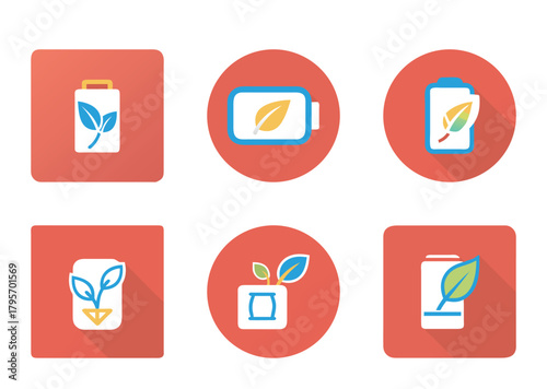 Set of ecofriendly battery icons representing green energy initiatives and sustainability