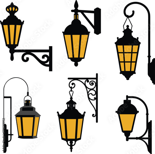 Vintage wall lantern set, black metal outdoor lights, glowing lamp illustrations, decorative bracket designs, architectural lighting vector, classic exterior fixtures
