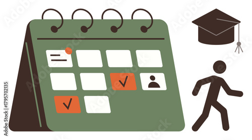 Desktop calendar with marked tasks, user profile, graduate cap, and walking figure symbolizing goal achievement. Ideal for education, planning, organization, deadlines, goals productivity simple