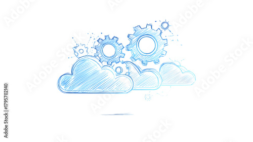 Cloud technology sketch with cloud gear icon, digital data symbols, light blue illustration style on white background, concept of data synchronization