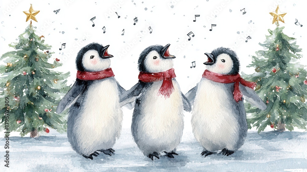 Fototapeta premium three cute penguins standing in a row, singing christmas carols, near a christmas tree, in the style of watercolor paint 