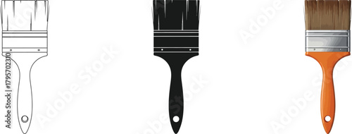 Paintbrush set with outline, silhouette, and realistic colored illustration for artistic projects, home improvement, and creative design work