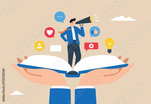 Flat illustration of young man tells brand story through opening book and megaphone communicating creativity and narrative