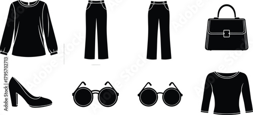 Women’s fashion icons, silhouette clothing set, stylish apparel elements, sunglasses, shoes, handbag, vector illustration, black design, wardrobe essentials
