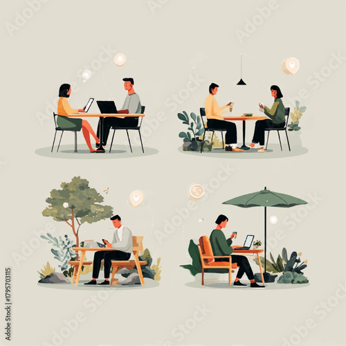 Team of Remote Employees Working from Different Locations Connected Through Floating Digital Nodes Flat Vector Illustration
