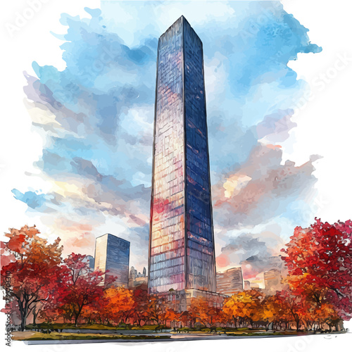 Central Park Tower, watercolor drawing vector, isolated on a white background.
