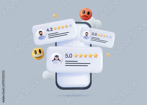 Online customer satisfaction Survey service concept, client rate service from experience in application, Consumer give five Star and feedback review for quality, Business 3D render vector illustration