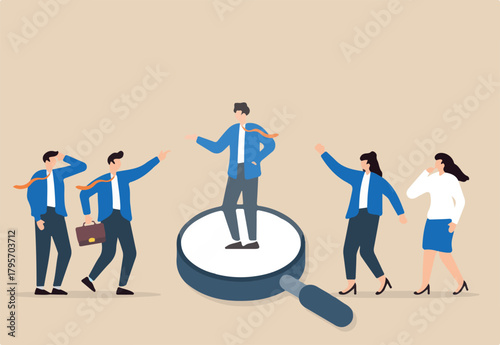 Outstanding businessman stands out on magnifying glass among applicants, illustrating chosen candidate for a new job. Concept of HR or human resources, selecting employment and recruitment process