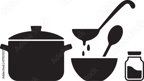Soup Cooking Station Silhouette with Pot Ladle Bowl Spoon and Salt Jar