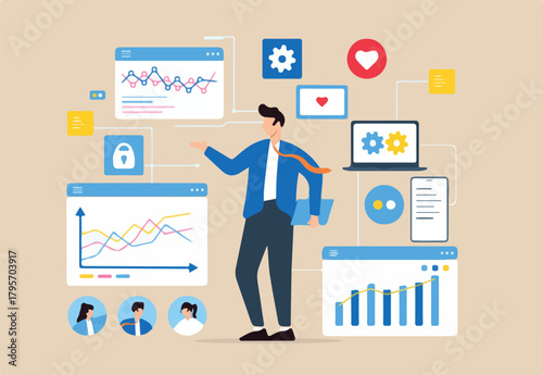 Businessman using self service software illustrating individuals accessing tools or applications to achieve results independently. Concept of online help or assistance, and resource management