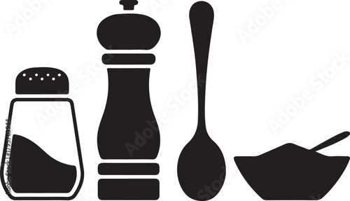 Spice and Seasoning Tools Silhouette with Salt Shaker Pepper Mill Spoon Jar and Dish