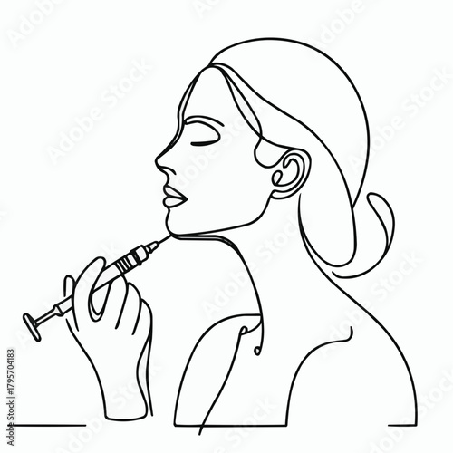 Woman holding syringe for cosmetic procedure in minimal line art style  
