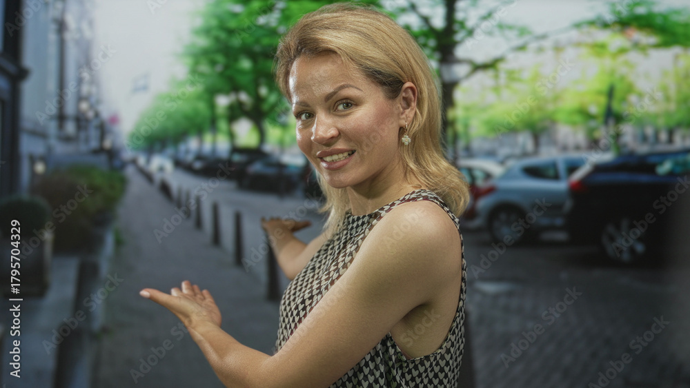 Fototapeta premium Blonde young woman in sleeveless top gestures with open palms toward street; confidence adventure curiosity.