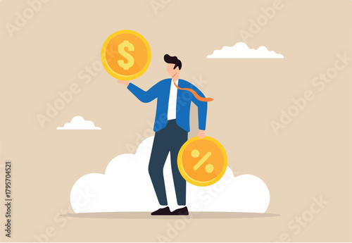 Flat illustration of businessman holding dollar coin percentage sign mortgage loan interest rate calculation financial growth credit investment