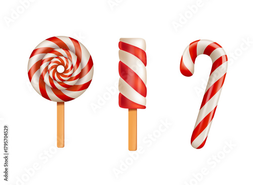 Swirl and candy cane shaped lollipops isolated on white, 3D realistic vector illustration. For banners, cards, flyers, social media wallpapers, etc. Christmas Traditional xmas candy Santa caramel cane