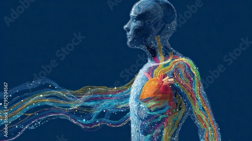 A human figure outlined with abstract, colorful data streams flowing towards a specific, targeted organ within the body model
