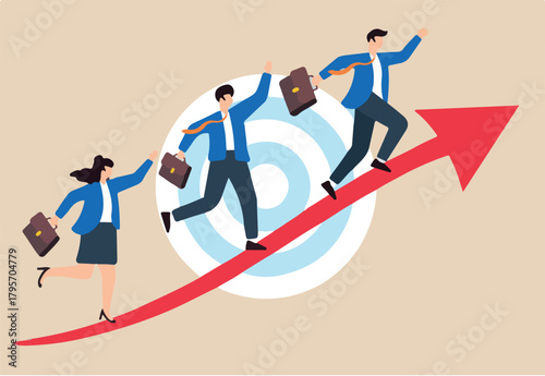 Flat illustration of business people coworker walk up on arrow path to reach target teamwork and achievement