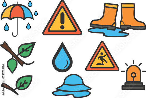 Vibrant and informative set of flat-style icons of rainy weather safety and preparedness, on a white background