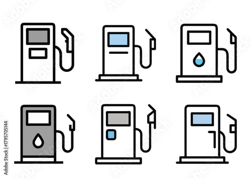 Collection of Six Gas Station Pump Icons in Varying Color Combinations