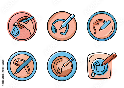 Collection of stylized icons depicting processes involving liquid and an applicator tool
