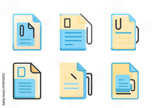 A set of six document file icons with blue and yellow scheme