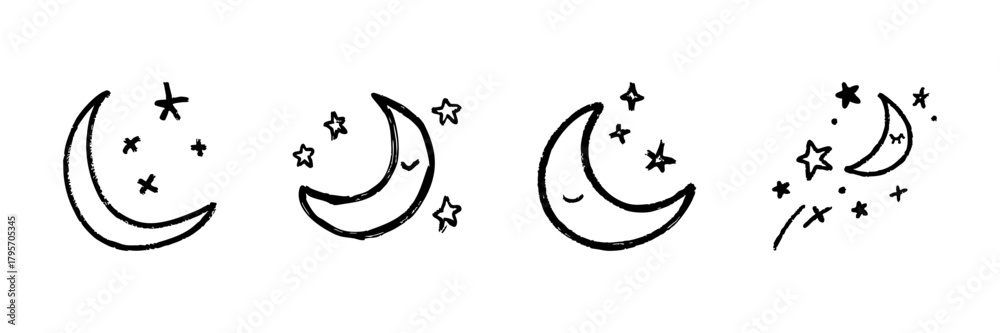 Obraz premium Crescent Moon And Stars Line Icon Set In Doodle Style. Nighttime, Sleep, And Dream Symbolism Outline Sketch Collection. Celestial And Cosmic Theme. Hand Drawn Isolated Vector Illustration