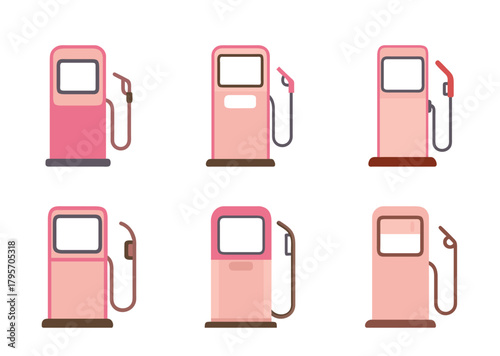 Variety of six cartoon gas or petrol pumps in different shades of pink