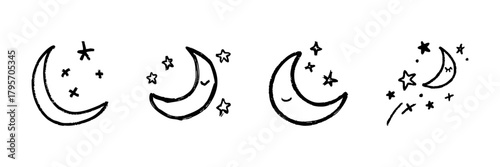 Crescent Moon And Stars Line Icon Set In Doodle Style. Nighttime, Sleep, And Dream Symbolism Outline Sketch Collection. Celestial And Cosmic Theme. Hand Drawn Isolated Vector Illustration