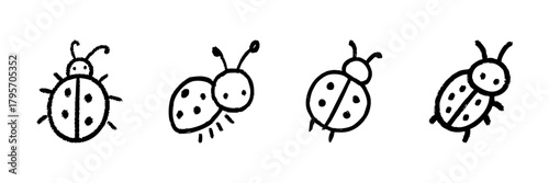 Ladybug Line Icon Set In Doodle Style. Insect Illustration And Nature Symbolism Outline Sketch Collection. Hand Drawn Isolated Vector Illustration
