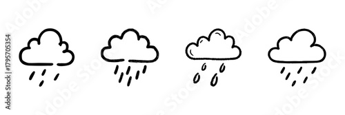 Cloud With Rain Line Icon Set In Doodle Style. Weather Forecast, Rainy Season, And Climate Change Outline Sketch Collection. Hand Drawn Isolated Vector Illustration