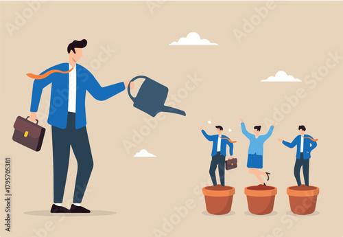 Businessman manager watering talented staff in flower pots illustrating talent development, career growth, and investment in training. Concept of employee potential, and coaching to develop skills