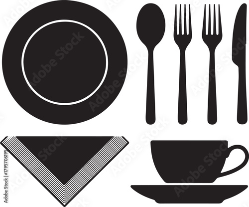 Tableware Essentials Silhouette with Plate Spoon Fork Knife Napkin and Cup