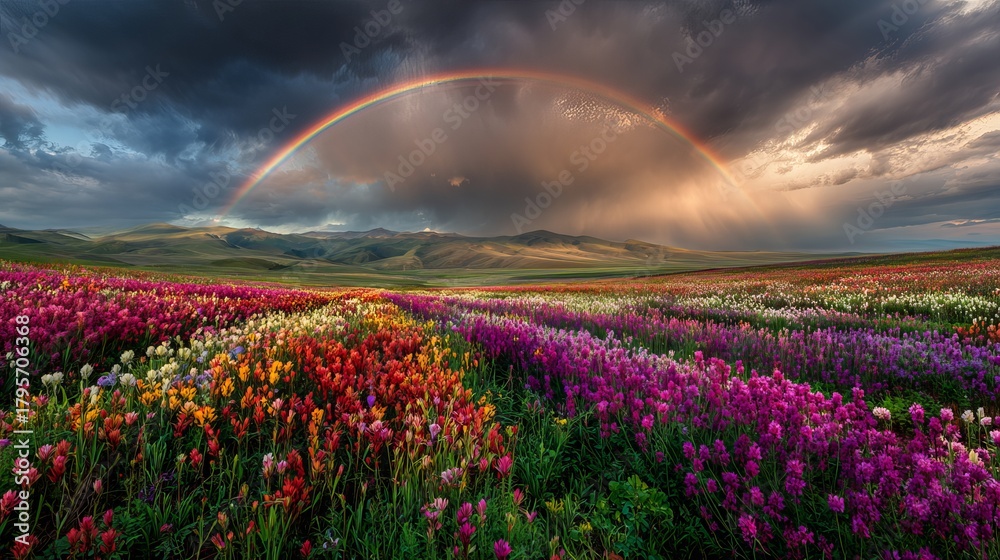 Fototapeta premium Vibrant wildflower meadow bursts with color under a dramatic rainbow and sunlit storm clouds, promising natural beauty and hope.