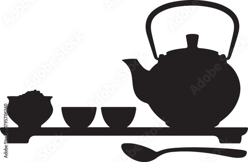 Tea Ceremony Setup Silhouette with Teapot Cups Tray Spoon and Sugar Bowl