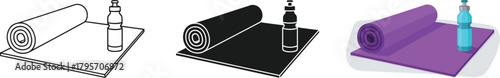 Yoga mat and water bottle in three styles: outline, silhouette, and colorful flat design, representing fitness, exercise, and healthy lifestyle concept.