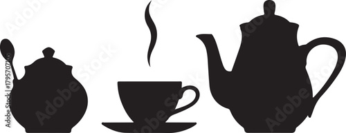 Tea Time Setup Silhouette with Teapot Cup Sugar Jar Saucer and Spoon