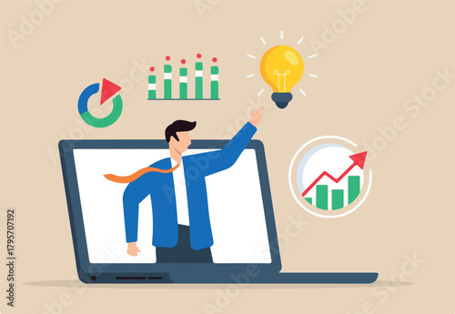 Flat illustration of smart businessman on laptop give advice strategy to analysis graph advisor online presentation
