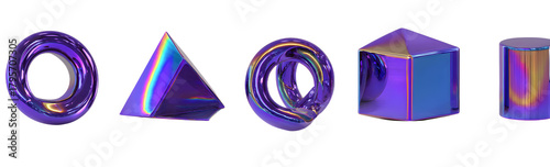 Set of glossy holographic purple geometric shapes — torus, sphere, cylinder and cube. Abstract glass objects with iridescent reflections for modern digital design. 3D Rendering.
