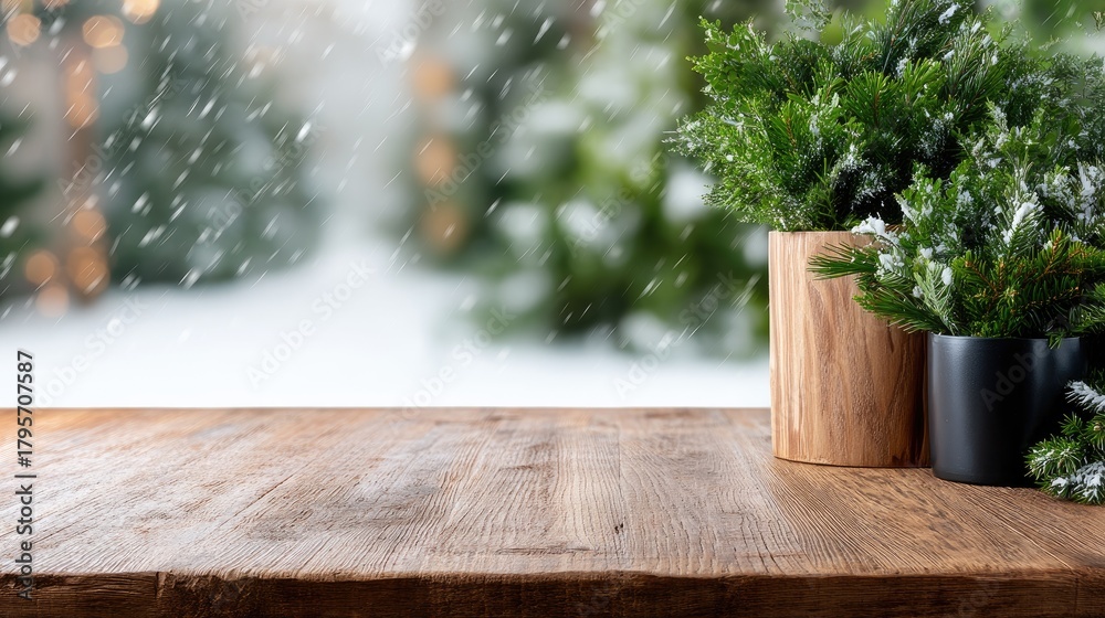 Fototapeta premium Decorated gifts sit on a wooden table as snow falls in a lively outdoor market filled with warm lights and holiday cheer