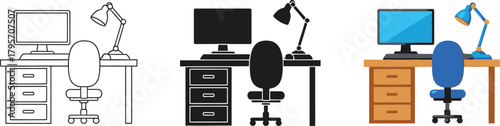 Productive home office workstation featuring a computer, desk lamp, ergonomic chair, and drawer unit, depicted in various graphic styles