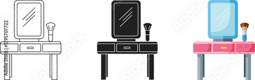 Dressing table with mirror and makeup brush icon set in various styles: outline, solid black, and colorful flat design for beauty and interior