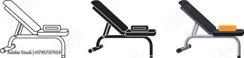 Incline weight bench vector icon set for gym and fitness workouts, featuring outline, solid, and detailed colored styles, essential for strength.