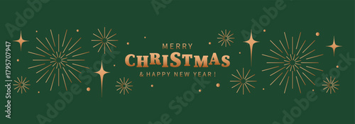 Christmas green banner with gold fireworks and stars. Design template for winter holidays. Xmas vector background for greetings, ads, sale.