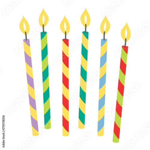 Burning birthday candles, cake decoration hand drawn illustration, isolated vector on transparent. Flat design. Birthday celebration, festival, carnival, party, anniversary clip art, element