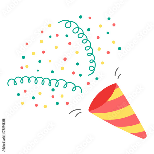 Party popper with confetti and streamers hand drawn illustration, isolated vector on transparent. Flat design. Birthday celebration, festival, carnival, party, anniversary clip art, element