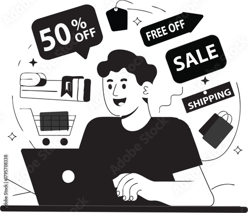 Black background with various sale and discount tags including fifty percent off and free shipping